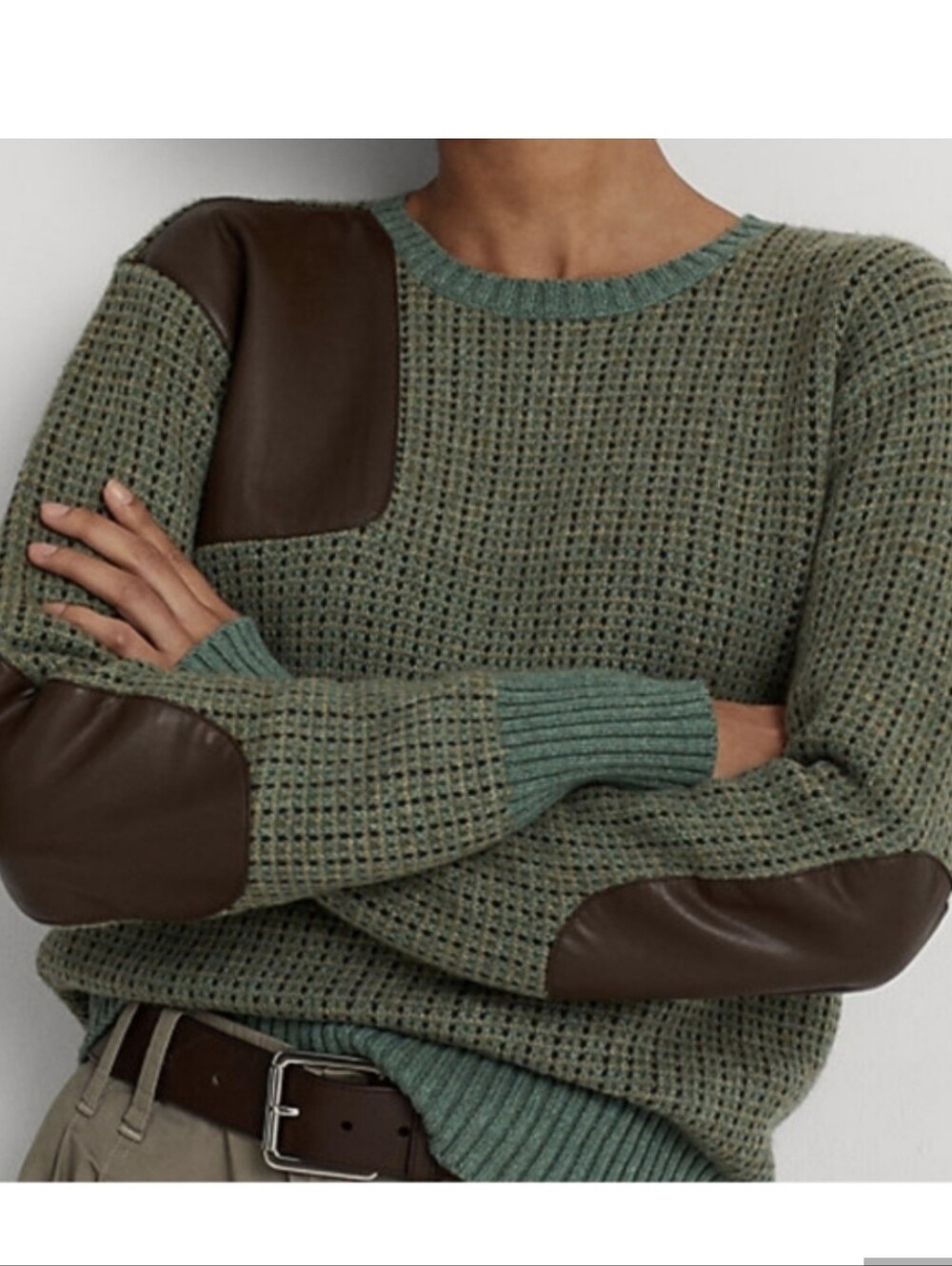 Lauren Ralph Lauren Wool Blend Sweater Faux Leather Panels Size Small Knit Green
